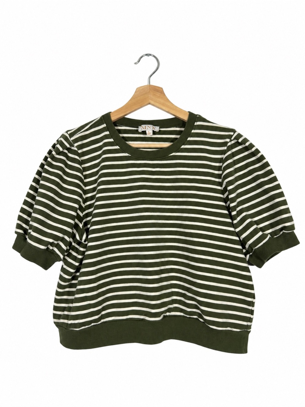 MNK Striped Sweatshirt Short Sleeve Size L Olive Ivory Preppy Casual Comfy Cozy